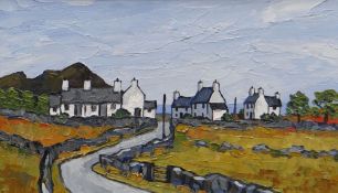 DAVID BARNES oil on board - coastal hamlet of whitewashed cottages, signed verso, 29 x 50cms