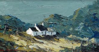 CHARLES WYATT WARREN oil on board - whitewashed cottage and Eryri mountains, entitled verso 'Farm