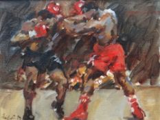DAVID GRIFFITHS MBE oil on board - two boxers, signed and with Mall Galleries label verso, giving