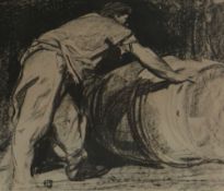 SIR FRANK BRANGWYN RA print on brown paper - a cooper rolling a barrel, 21 x 25cms Provenance: