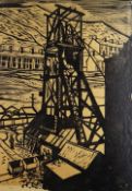 ELWYN THOMAS monochrome print - colliery pit head with trams and figures standing, signed and