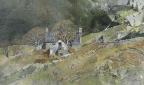 MALCOLM EDWARDS watercolour - derelict upland farm, entitled verso 'Pencarreg', signed, 23 x 36.5cms