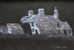 HUW GARETH JONES oil on board - farm at night, entitled verso 'Nant y Gors', signed, 26 x 38cms