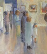 WENDY LOVEGROVE oil on card - group of standing figures in gallery, entitled verso 'Sara's First