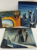 JACK JONES three early period oil on boards - surreal landscapes, two signed and dated 1952/53, 56 x