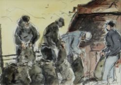 WILLIAM SELWYN watercolour - four figures at work, entitled verso 'Potato Harvesters', signed, 14