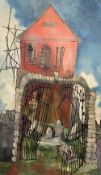 JOHN UZZELL EDWARDS oil on board - red chapel with broken gate, signed and dated '63, 79 x 46cms