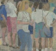 GORDON STUART oil on board - group of watching figures, entitled verso 'Spectators', dated 2011,