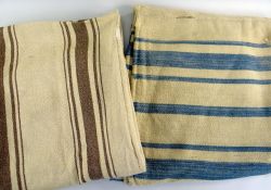 TWO HEAVY WEIGHT ANTIQUE WELSH BLANKETS with varying brown stripes and varying blue stripes, circa