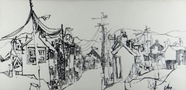 JOHN UZZELL EDWARDS pen and ink drawing - south Wales valley street scene, entitled verso 'Deri',
