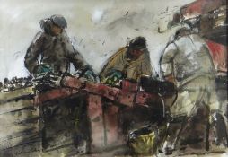 WILLIAM SELWYN watercolour - three potato pickers, Oriel Tegrfyn Gallery label verso, signed, 36 x