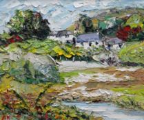 ALAN KNIGHT thick impasto oil on canvas - colourful Ynys Mon landscape with farm and building,