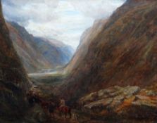 CHARLES THOMAS BURT oil on canvas - dramatic Welsh landscape with drovers on horse and foot moving