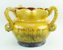 A EWENNY CLAYPITS POTTERY SLIPWARE JARDINIERE BY EVAN JONES of bellied form, with crimped rim and