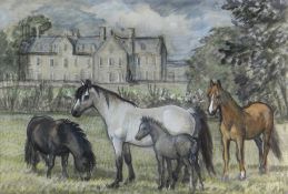 CHARLES FREDERICK TUNNICLIFFE OBE RA preliminary drawing in mixed media - ponies in a garden of a