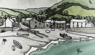 ALAN WILLIAMS acrylic - harbour scene with fisherman and boats, entitled verso 'Little Haven,