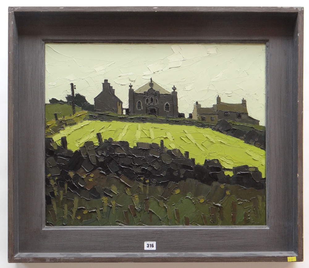 SIR KYFFIN WILLIAMS RA oil on canvas - Rhoscolyn village, Ynys Mon, with chapel in centre of - Image 2 of 4