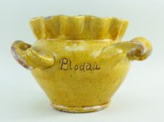 A SMALL 19TH CENTURY EWENNY SLIPWARE POTTERY JARDINIERE BY EVAN JONES with crimped neck and twisting