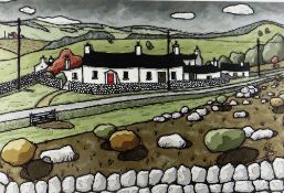 ALAN WILLIAMS acrylic - row of whitewashed cottages, entitled verso 'Farm Aberystwyth', signed, 34 x