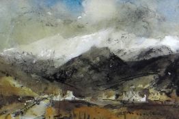 WILLIAM SELWYN mixed media - Eryri winter landscape, entitled verso 'Drws y Coed', signed, 13 x