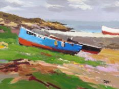 DONALD MCINTYRE acrylic - fishing boats on the shore, entitled verso on artist's handwritten