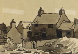 SIR KYFFIN WILLIAMS RA early inkwash - cottages at Gorslwyd, Llanddona, signed with initials, 20 x