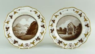 A PAIR OF SWANSEA CREAMWARE PLATES DECORATED BY THOMAS PARDOE with gilded silver-shaped rim, the