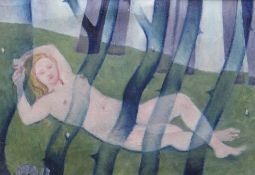 EVAN WALTERS oil on canvas - reclining female nude in woodland, 37 x 52cms Provenance: private