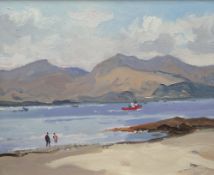 GARETH THOMAS oil on board - view across estuary with standing figures and boat, signed, 24.5 x