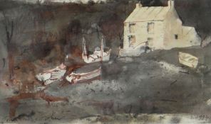 JOHN KNAPP-FISHER mixed media - house and fishing boats, signed and dated 1994, 14 x 22cms