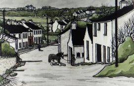 ALAN WILLIAMS acrylic - village street scene with figures and tethered pony, entitled verso '