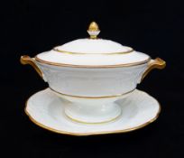 A SWANSEA PORCELAIN GILDED TUREEN, COVER & STAND, the tureen of circular pedestal form with