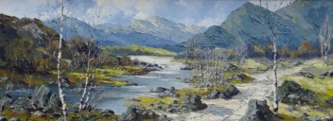 CHARLES WYATT WARREN oil on board - tree lined mountain river, entitled verso 'Mynydd Mawr Near