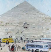 NICK HOLLY oil - Egyptian pyramid with tour buses, camels and figures, signed, 28 x 28cms