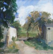 LEONARD BEARD oil on paper - farmyard with trees and gate, signed, 25 x 25cms Provenance: private
