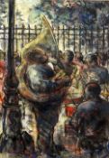 VALERIE GANZ mixed media - tuba player and jazz instrumentalists in a crowded park, possibly