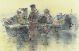 WILLIAM SELWYN mixed media - fishermen on boat, signed, 27 x 41cms Provenance: private collection