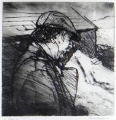 DAVID CARPANINI artist's proof etching - portrait of Sir Kyffin Williams in flat-cap and raincoat,