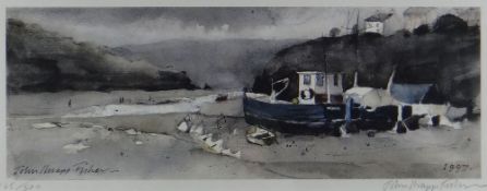 JOHN KNAPP-FISHER limited edition (145/500) print - entitled 'Moored Fishing Boats', signed, 16 x