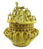 A RARE EWENNY POTTERY SLIPWARE WASSAIL BOWL & COVER, DATED 1832-33 glazed in yellow over red with