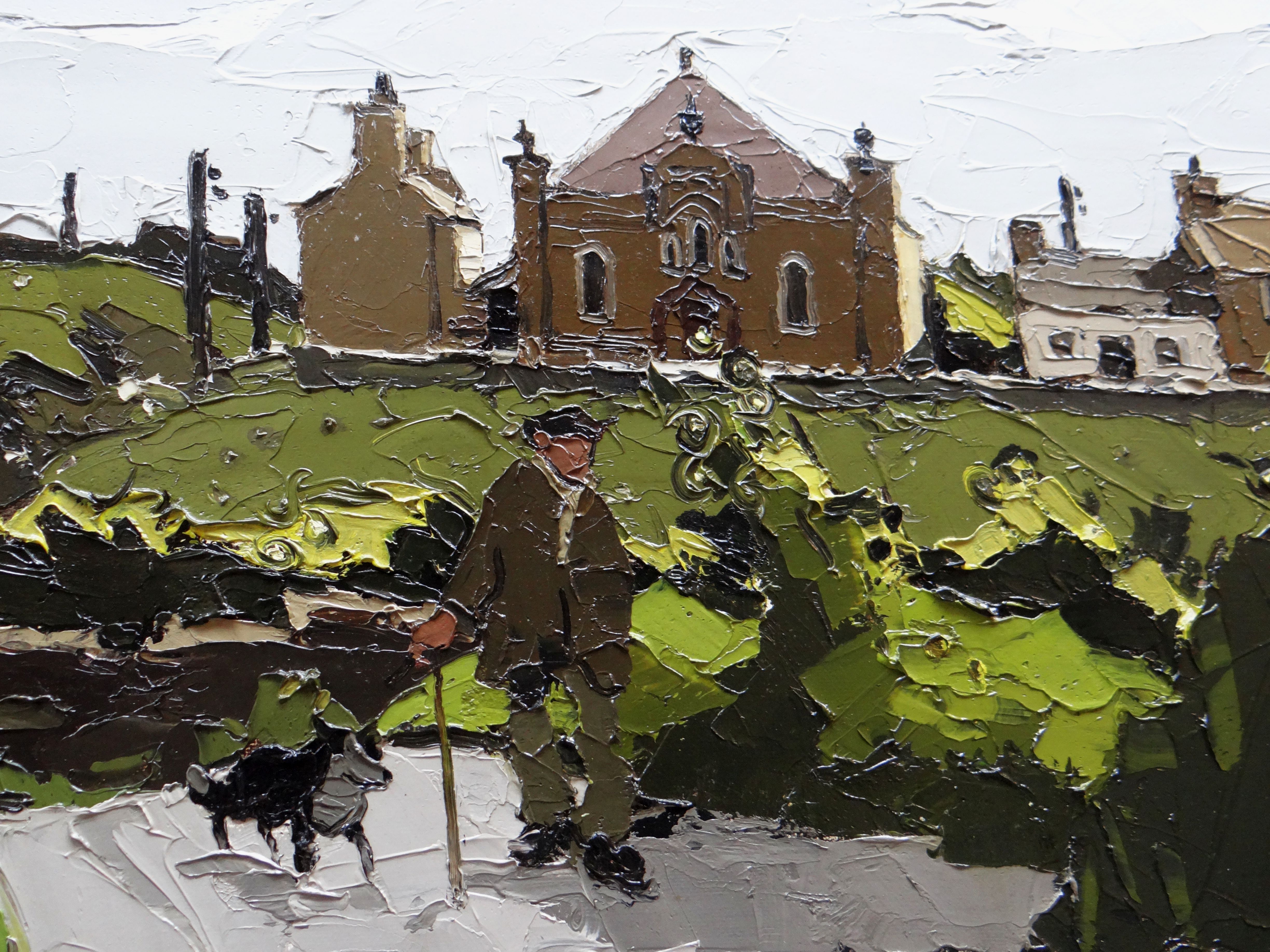 SIR KYFFIN WILLIAMS RA oil on canvas - Ynys Mon (Anglesey) landscape with farmer and dog walking - Image 2 of 4