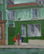 JACK JONES oil on board - three standing figures in a Parisian street, entitled verso '26 Rue Des