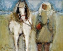 WILL ROBERTS oil on board - figure leading pony, entitled verso 'White Pony, Penclawdd', signed with
