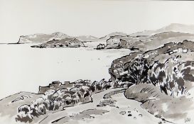 SIR KYFFIN WILLIAMS RA inkwash - Ynys Mon coastline, entitled 'Fedw Fawr', signed with initials,