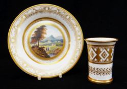 A SWANSEA PORCELAIN SPILL VASE & CABINET CUP STAND the spill vase with flared rim and with ridged