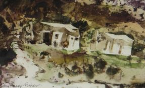 JOHN KNAPP-FISHER mixed media - Continental buildings with figures, signed and dated 1981, 12.5 x