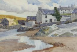 JOHN MCDOUGAL watercolour - fishing village, probably Ynys Mon, signed, 24 x 34cms Provenance: