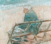 GORDON STUART watercolour - seated male on bench with packed lunch, entitled verso 'Late Lunch and