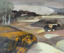 JOHN ELWYN watercolour - landscape, entitled verso on Attic Gallery Swansea label 'Between Seasons',
