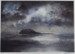 WILLIAM SELWYN limited edition (34/300) print - rocky outcrop on remote Welsh island, in calm sea